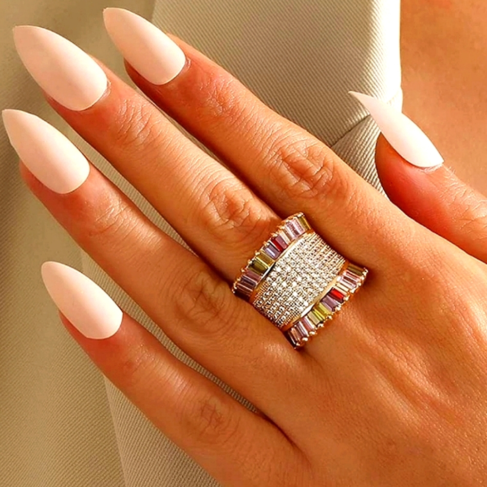 14K Gold Stunning Huge Micro Pavé Multicolor Rainbow Gemstone Ring 💍 ♥️